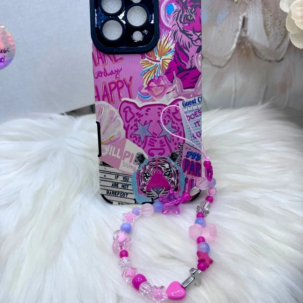 Vibrant Pink Tiger Graphic Themed iPhone 16 Pro Max Case with pink Beaded Strap